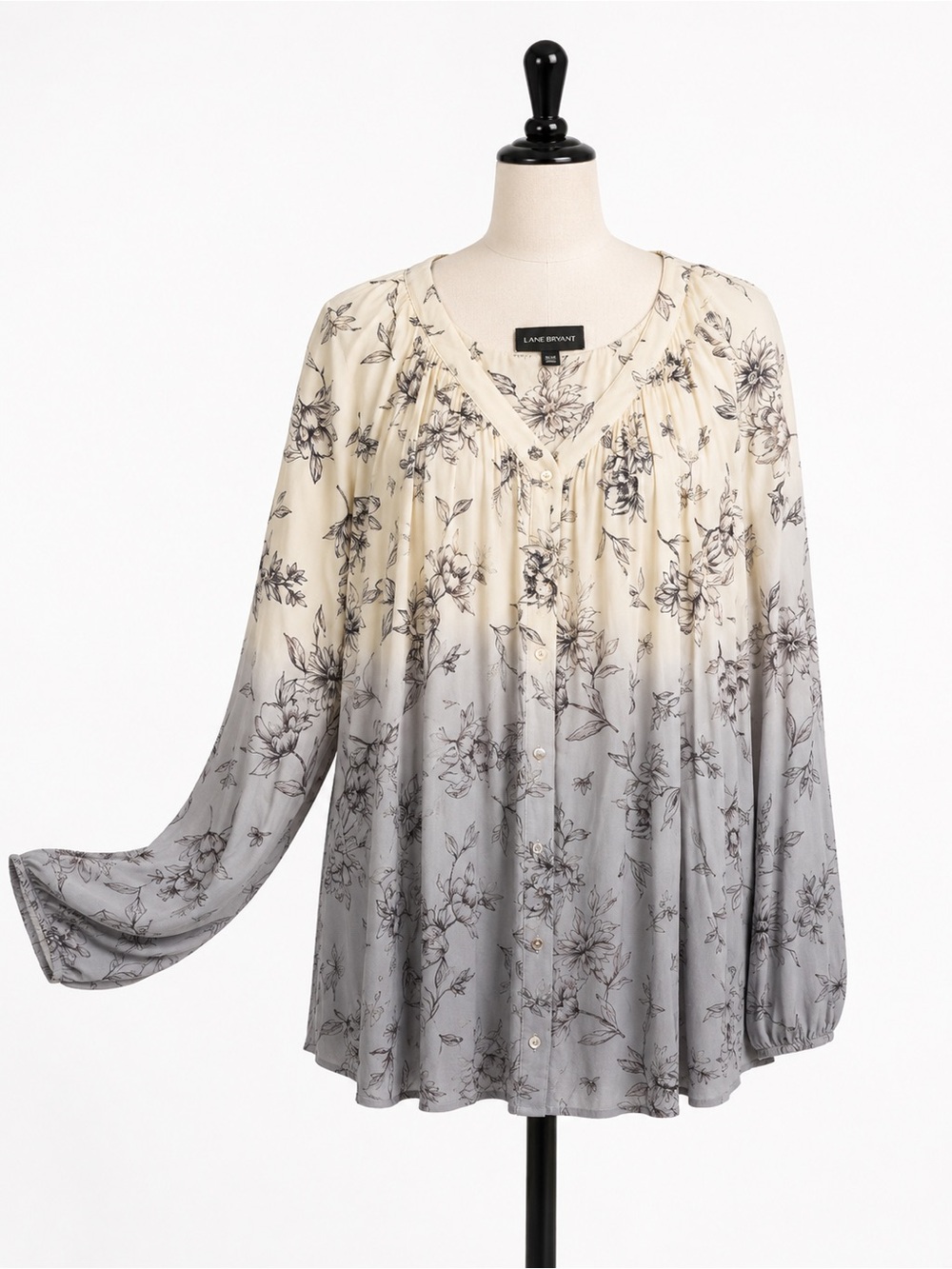 Light Cream and Blue Floral Button-Front Peasant Blouse - Lane Bryant